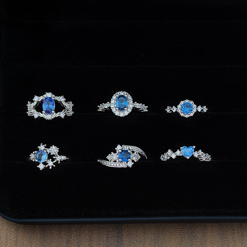 Cool Blue Zircon With Diamond Heart-shaped Oval Open Niche High Ring