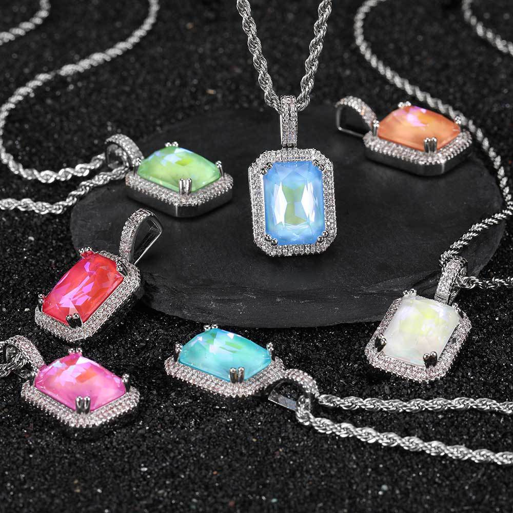 Geometric Square Zirconia Pendant Necklace in White Gold Tone with Twisted Cable Chain
