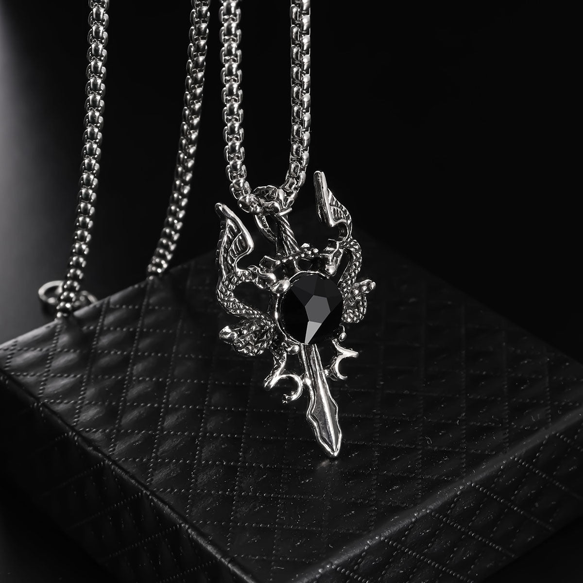 Men's Inlaid Double Dragon Sword Boys Necklace