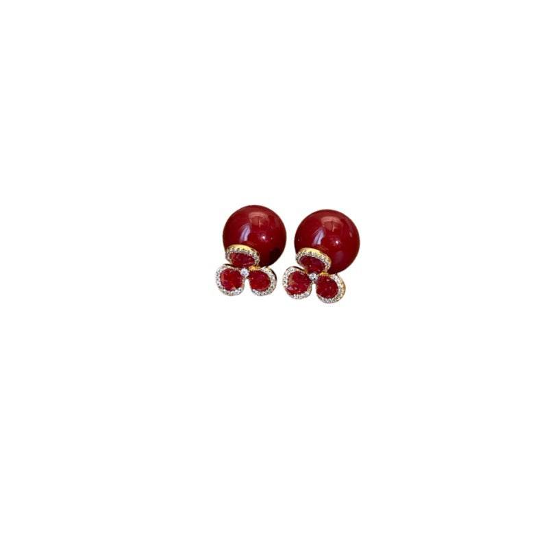 Red Flower Pearl Fashion Zircon Clover Earrings