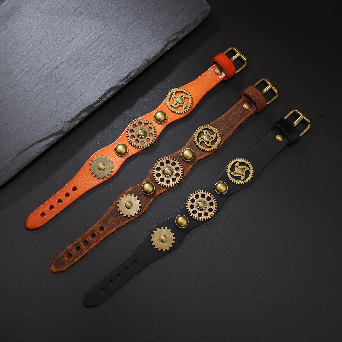 Gear Leather Vintage Distressed Rivet Wide Bracelet