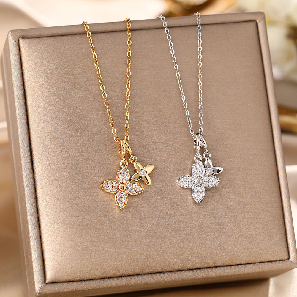 Women's Titanium Steel Design Diamond Double Clover Fashion Necklace