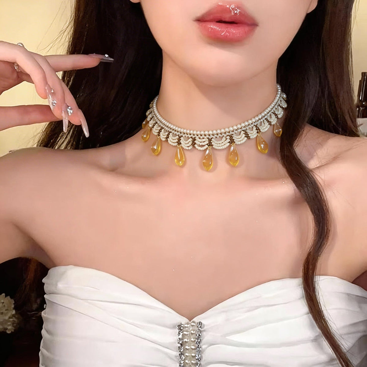 Women's Stainless Steel Glass Beaded Lace Mori Vacation Clavicle Chain Light Necklace
