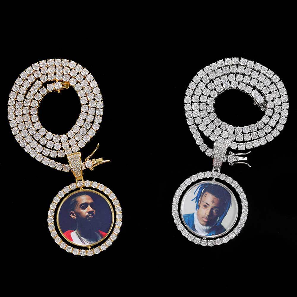 Rotating Double-Sided Circular Photo Pendant Necklace with Micro-Pavé Zirconia Stones
