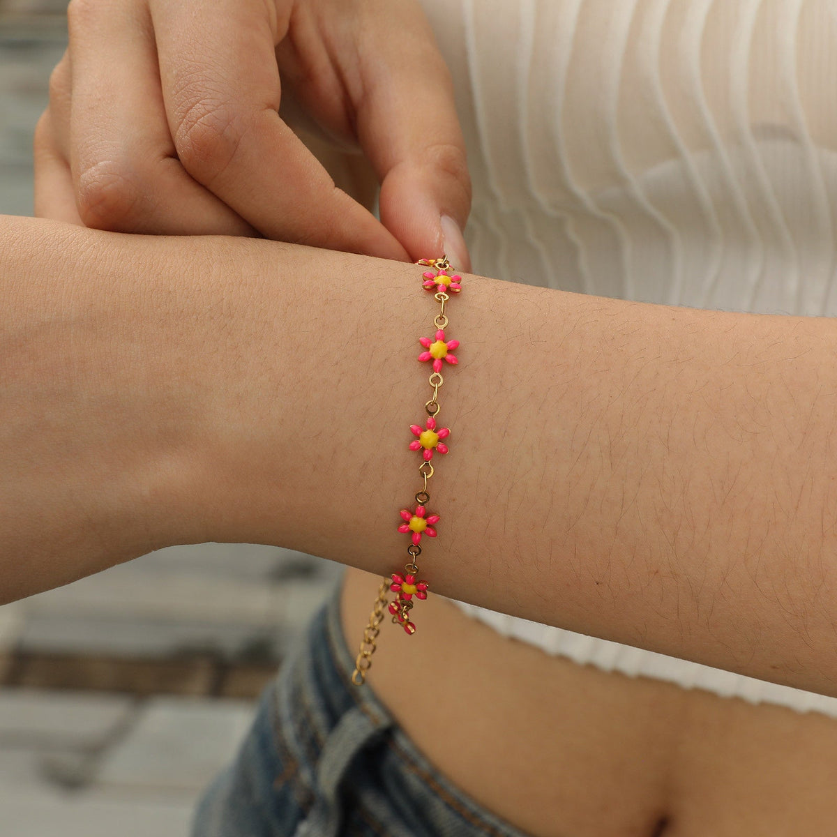 Women's Stainless Steel Drop White Oil Heart-shaped Flower Cherry Color Bracelet