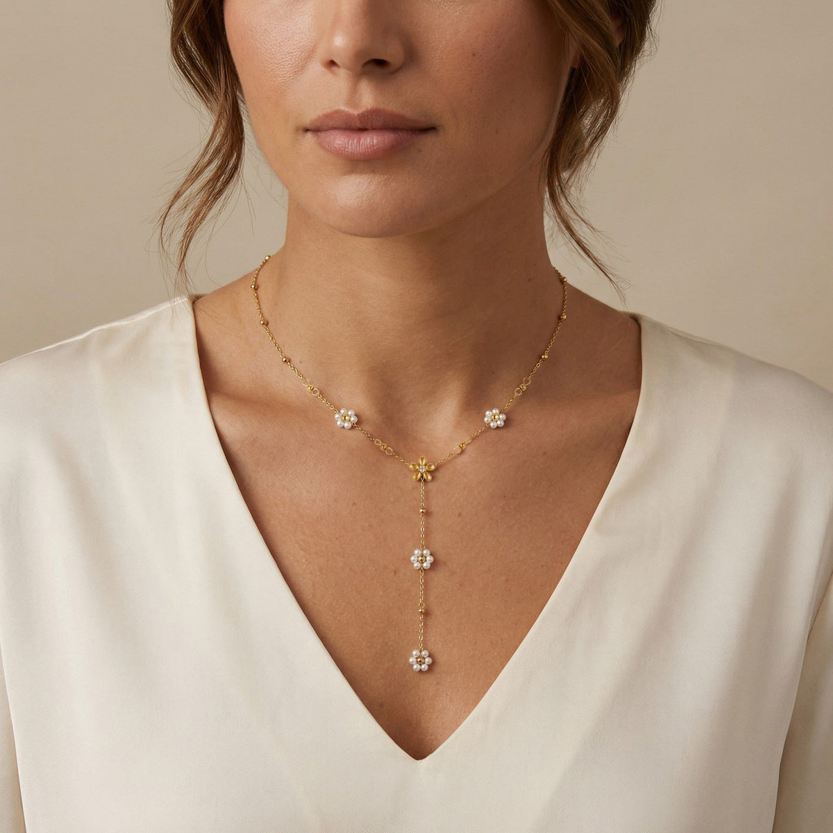Women's Stainless Steel Flower Pearl Y-shaped Gold Clavicle Chain Necklace