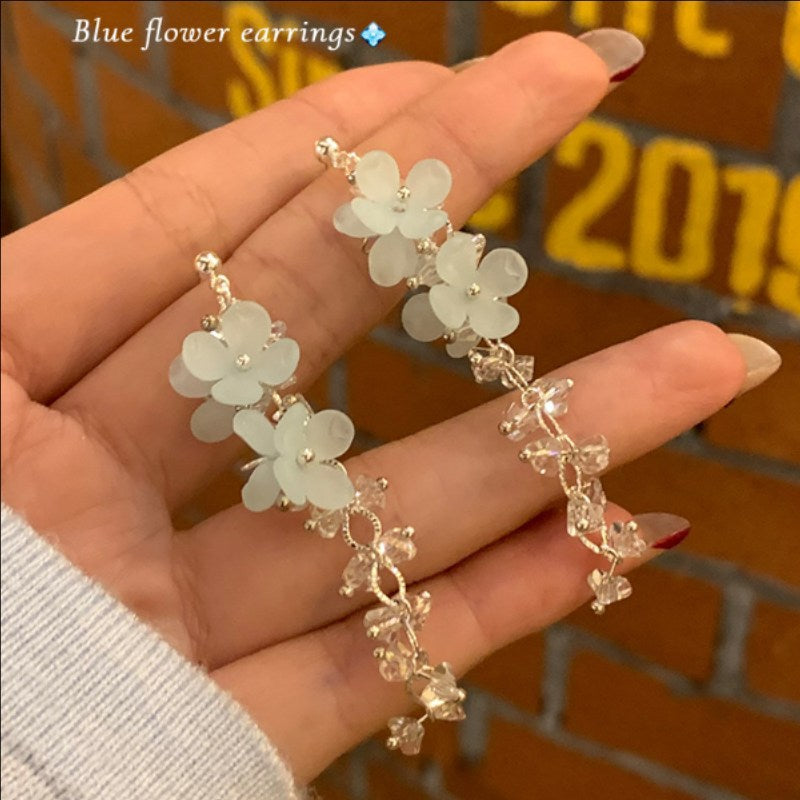 Women's Mint Mambo Blue Flower For Long Tassel Earrings