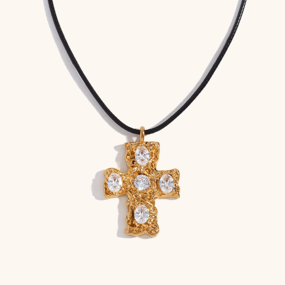 Luxury Fashion Stainless Steel Gold-plated Colorful Beating Cross Black Necklace