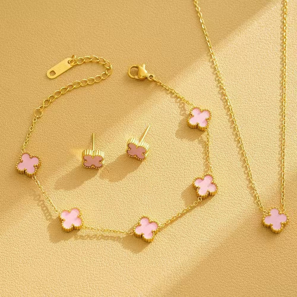 Women's Steel Double-sided Four-leaf Flower Fashion Temperament Entry Jewelry Set