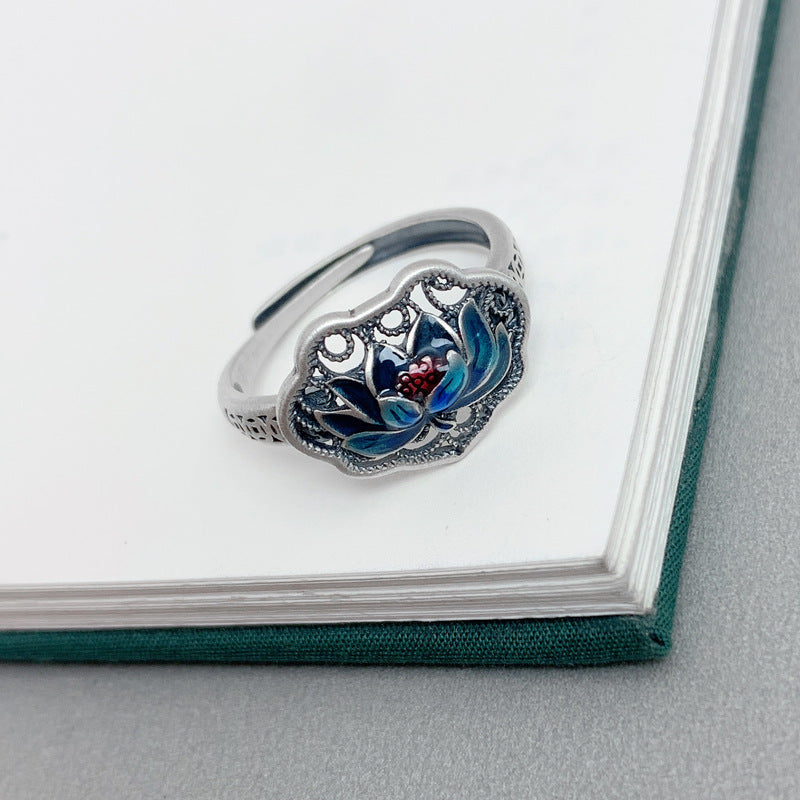 Women's Sterling Sier Enamel Blue Lotus Hollow Cloisonne Retro Personality Rings
