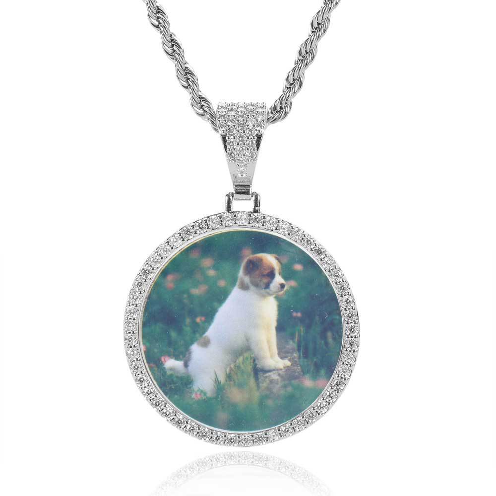 Round Photo Pendant Necklace with Cubic Zirconia Accents in Brass – Hip Hop Style