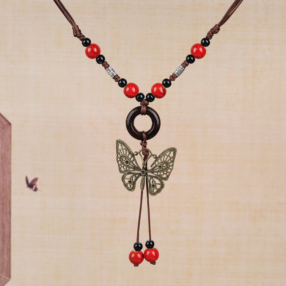 Women's Retro Ethnic Style Ceramic Butterfly Bell Fashionable Necklace