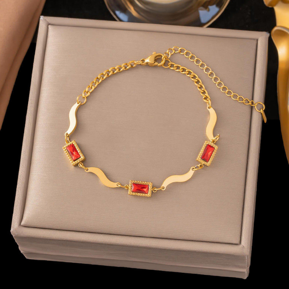 Birthday Crystal Stone Ocean Wave Titanium Steel Square Bracelet
