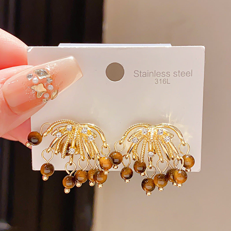 Women's Sier Needle Retro Diamonds Tigereye Fireworks Tassel Fashion Earrings
