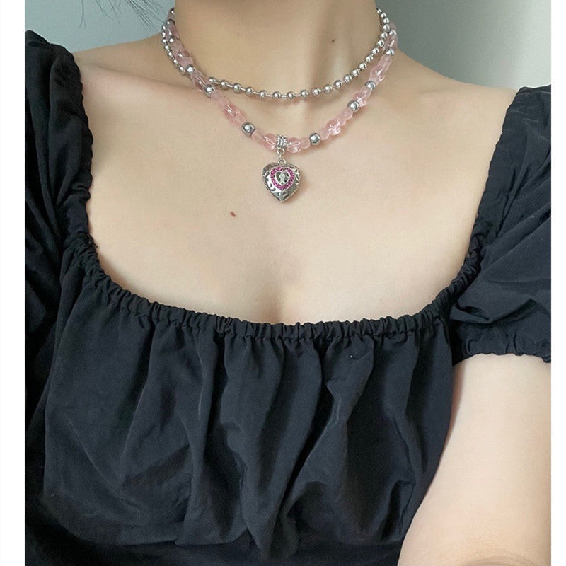 Pink Black Layered Steel Ball Diamond Love Clavicle Chain Double Necklace