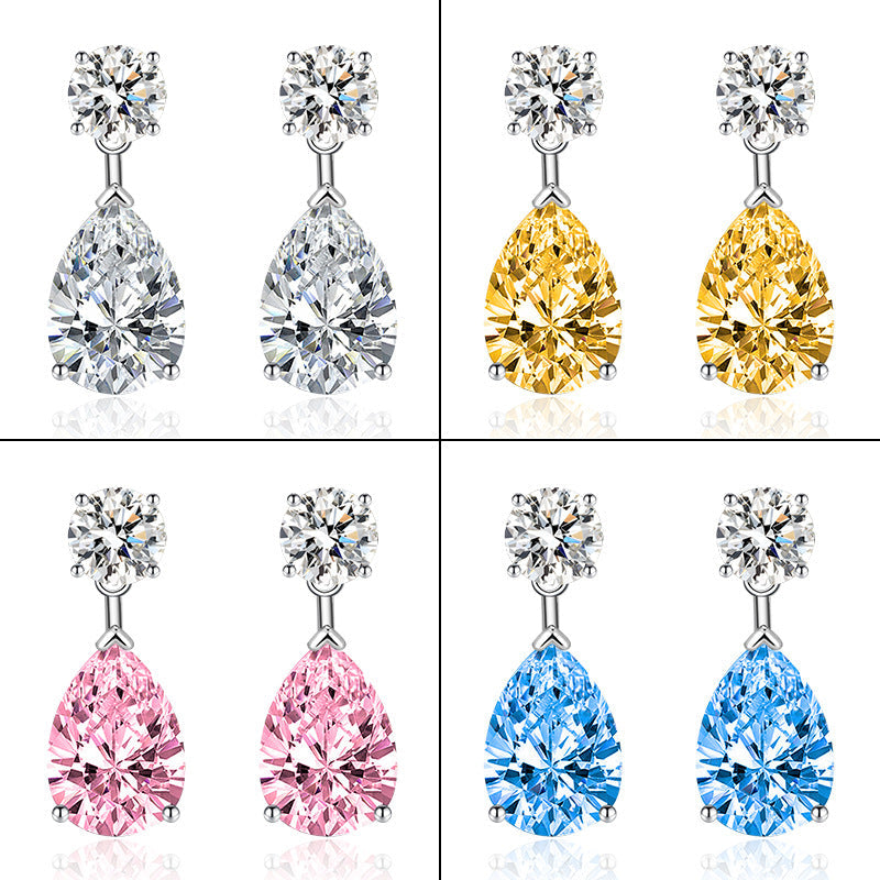 Women's Sier Needle Water Drop-shaped Inlaid Oval Sapphire Colored Gems Long Earrings