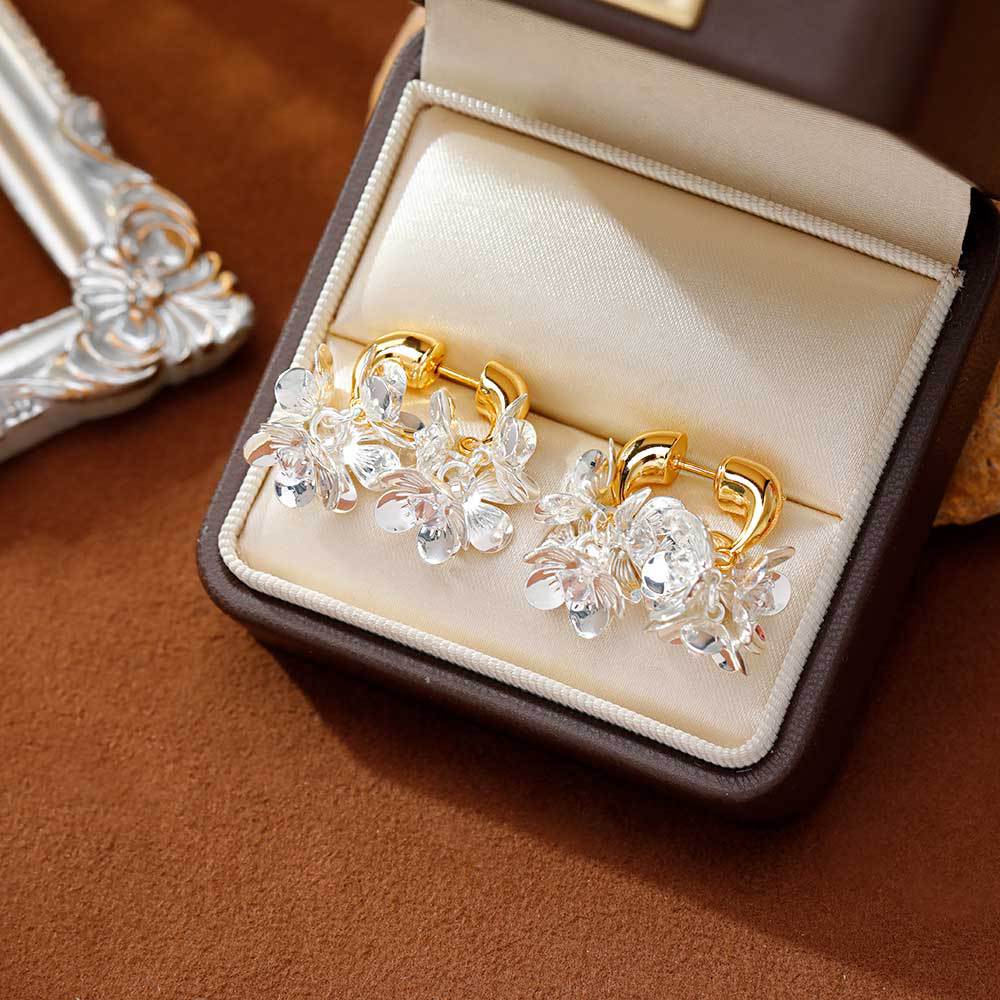 Front Rear Wear Contrast Color Flower Sier Earrings