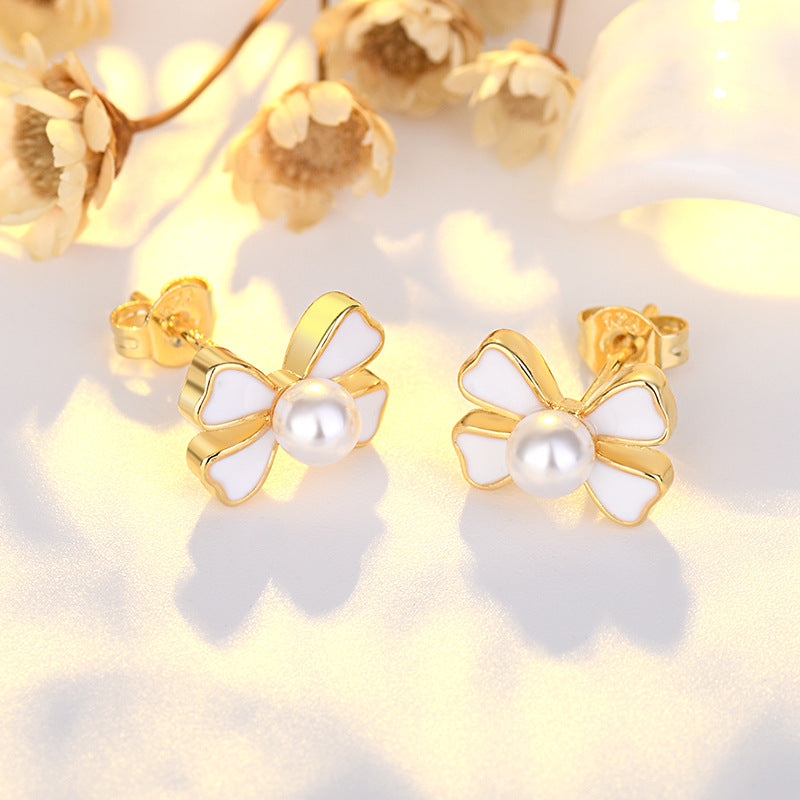 Sterling Sier Needle Heart Petite Simple Love Bow Tie Pearl Stud Earrings