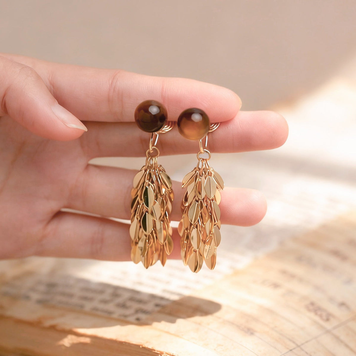 Amber Round Long Golden Leaf Tassel Expensive Mosquito Earrings