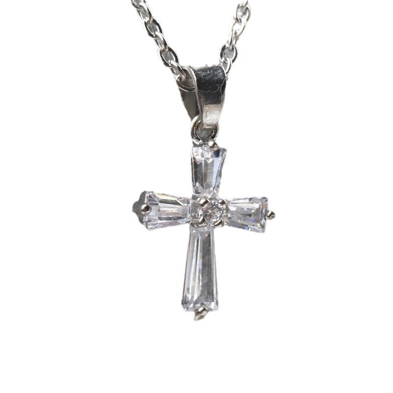 Rose Gold Cross Crystal Stylish Simple Personality Zircon Necklace