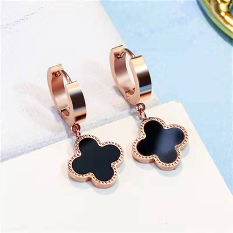 Titanium Steel Trendy Rose Gold Four Leaf Clover Ear Earrings