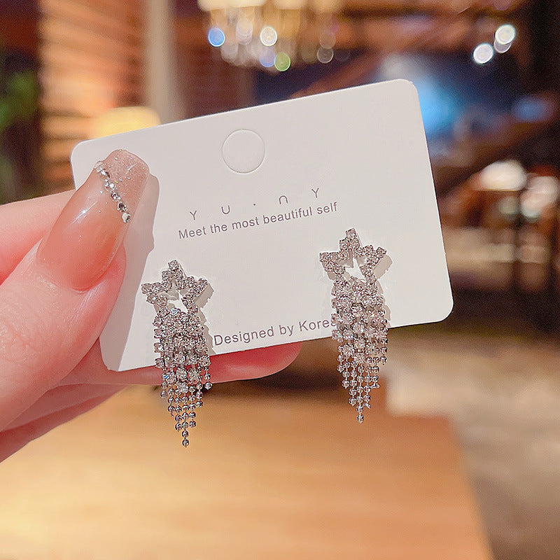 Women's Diamond Pentagram Long Fringe Super Shiny Temperament Personalized Stud Earrings