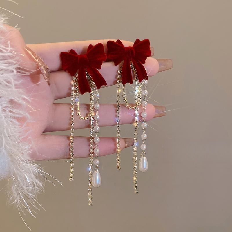 Women's Red Flocking Bow Pearl Tassel Elegant Light Luxury High-grade Earrings