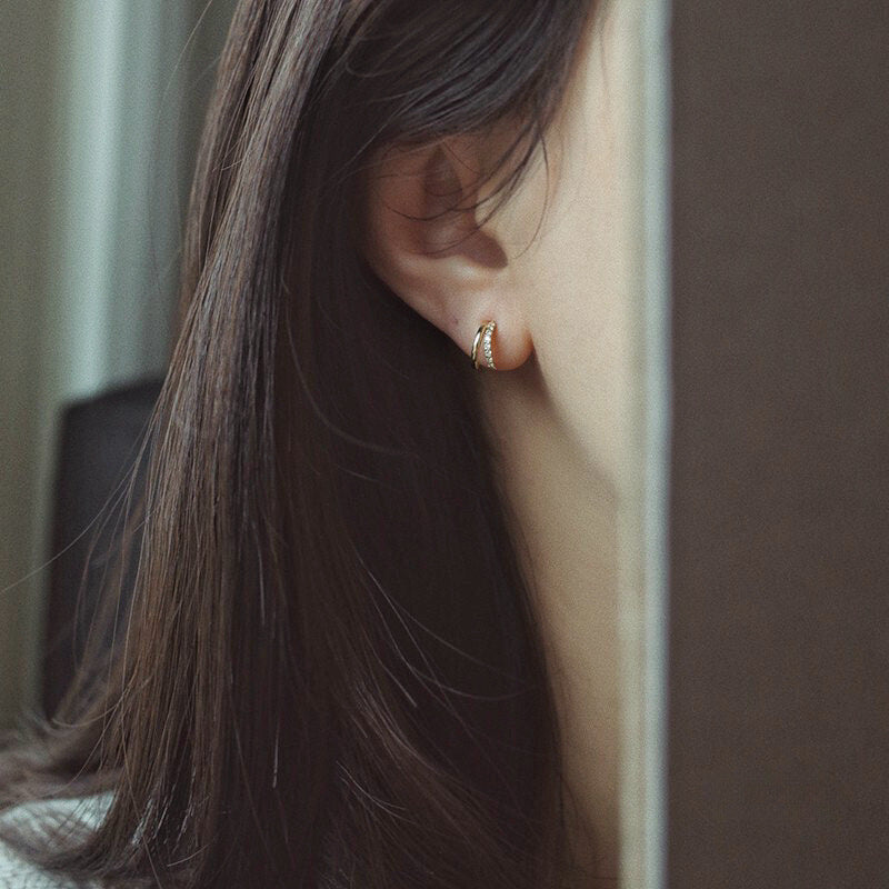 Women's Sier Gold-plated Inlaid Zircon Double Row Fresh Stud Earrings
