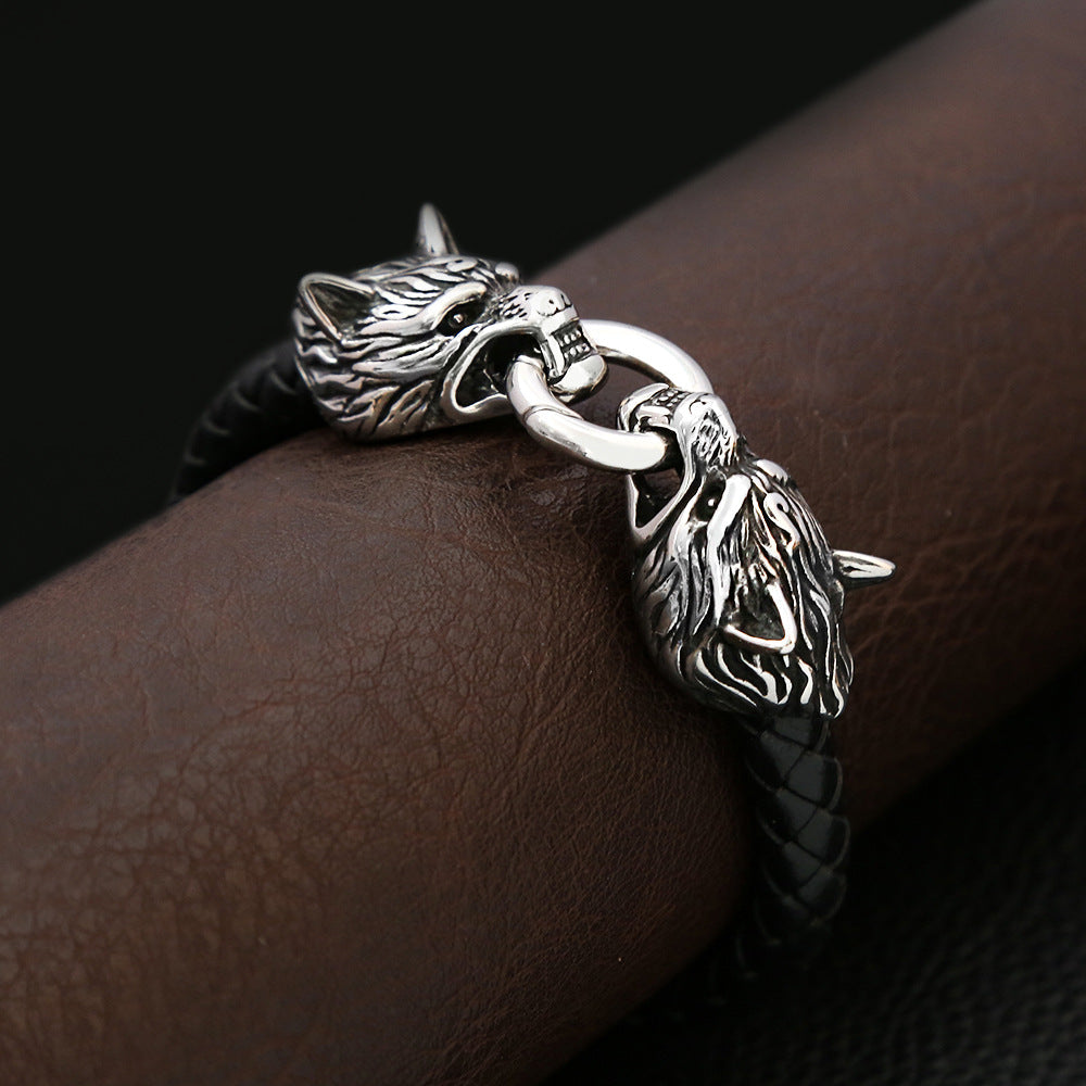 Men's Viking Titanium Steel Wolf Head Handmade Leather Cord Personalized Bracelets