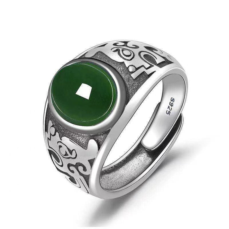 Men's Natural Jade Green Sier Vintage Emerald Open Mouth Ring