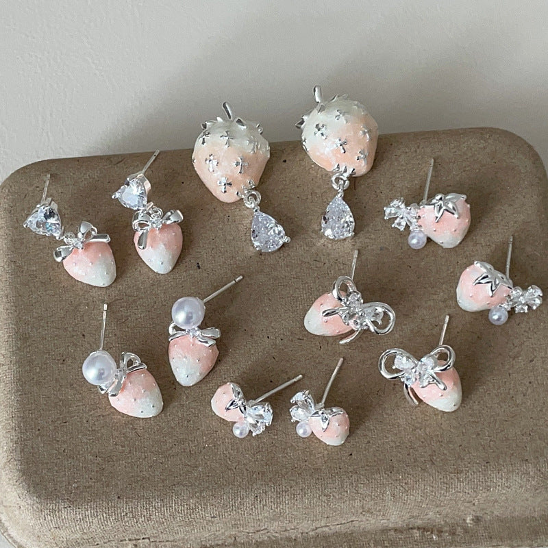 Sweet Gradient Pink Strawberry Pearl Zircon Female Earrings