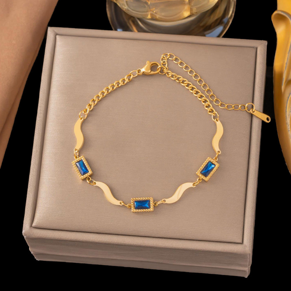 Birthday Crystal Stone Ocean Wave Titanium Steel Square Bracelet