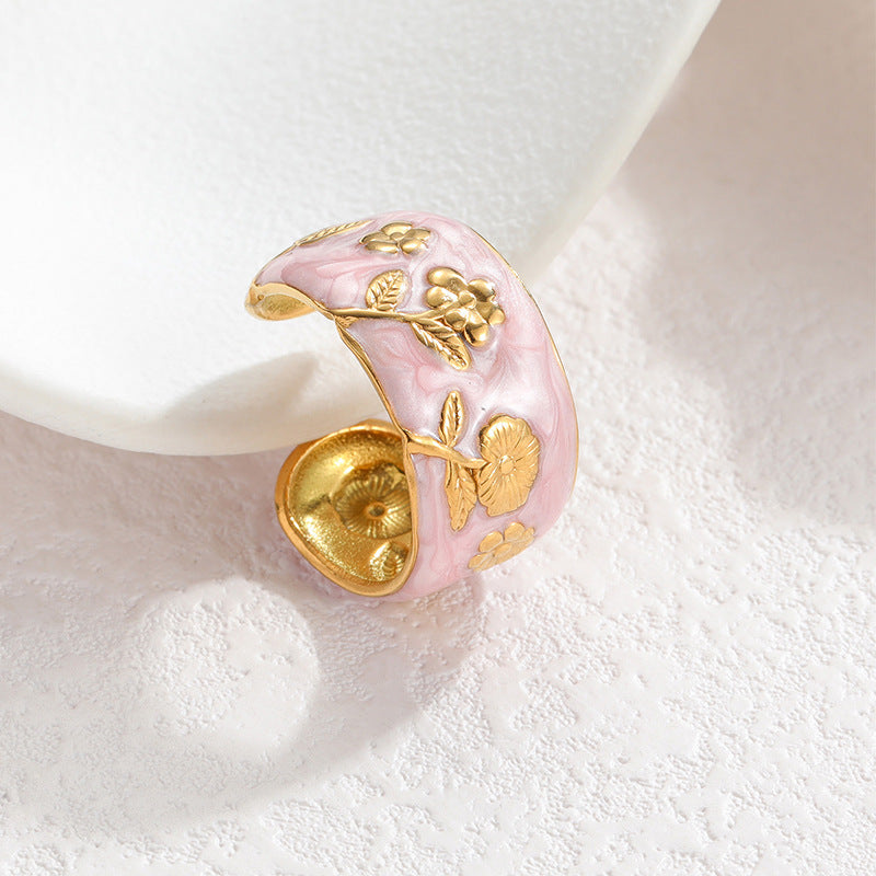 Fashion Stainless Steel Gold Drop Oil Rose Female Style Ring