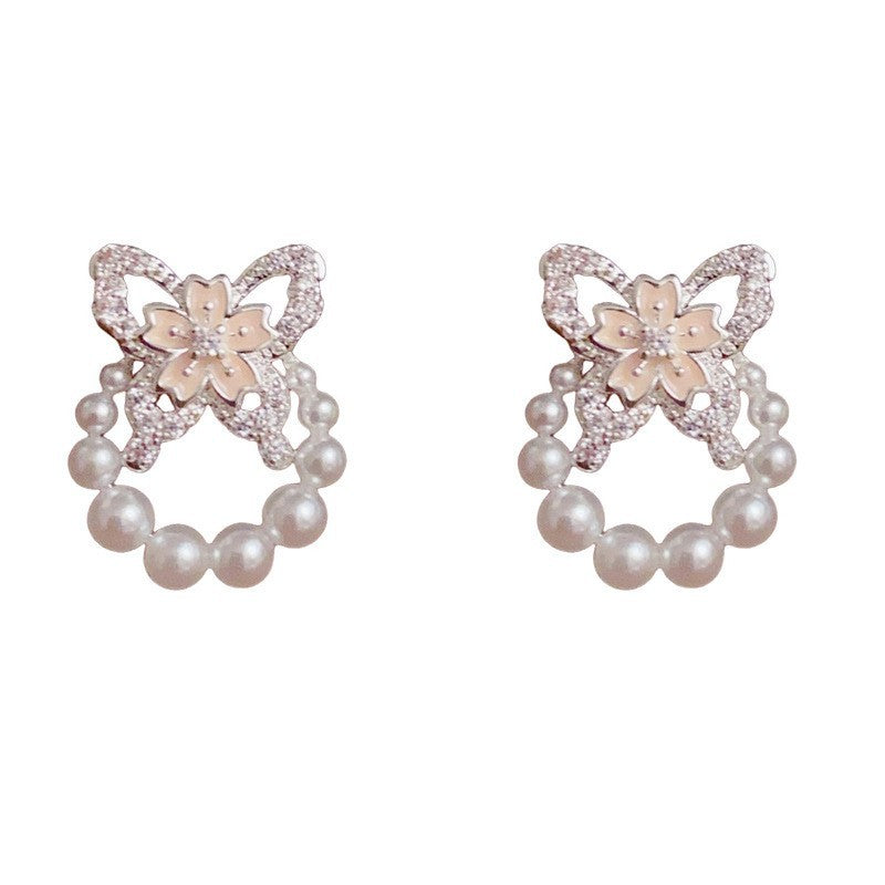 Sweet Thick Sier Zircon Butterfly Pearl Hoop Rings