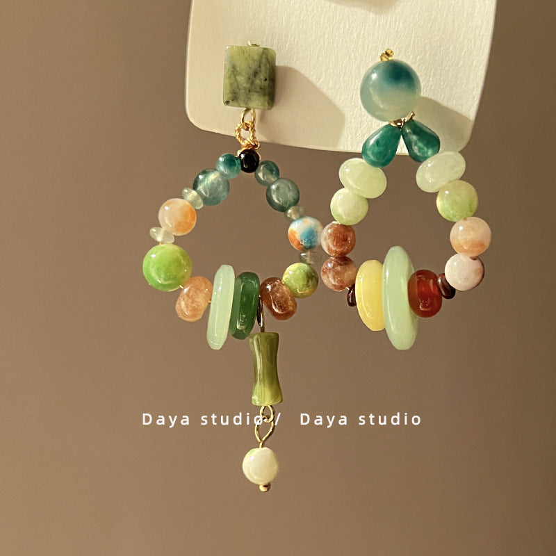 Women's Mixed Green Beaded Water Drop High Sense Niche Temperament Chinese Rings