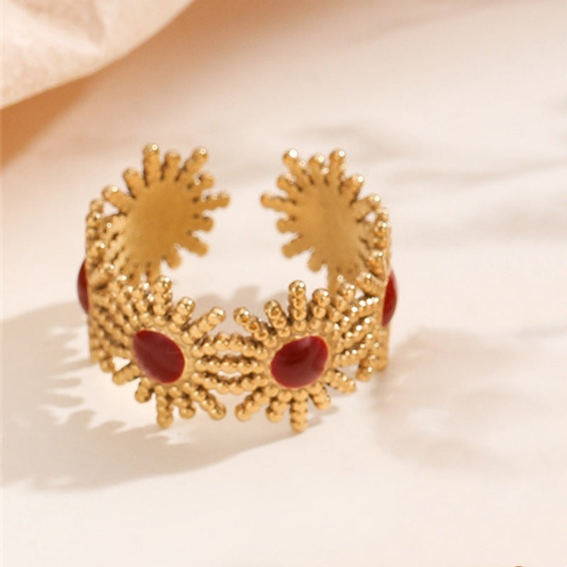 Double-line Drop Color Oil Female Design Flower Leaves Ring