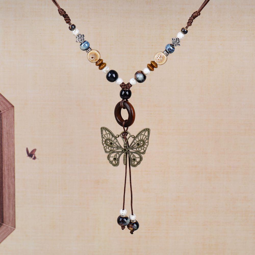 Women's Retro Ethnic Style Ceramic Butterfly Bell Fashionable Necklace