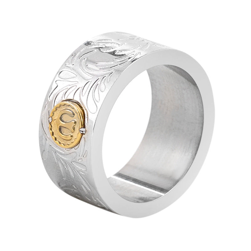 Trendy Retro Titanium Steel Wide-faced Indian Tang Grass Ring