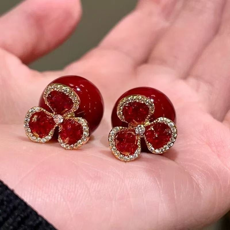 Red Flower Pearl Fashion Zircon Clover Earrings