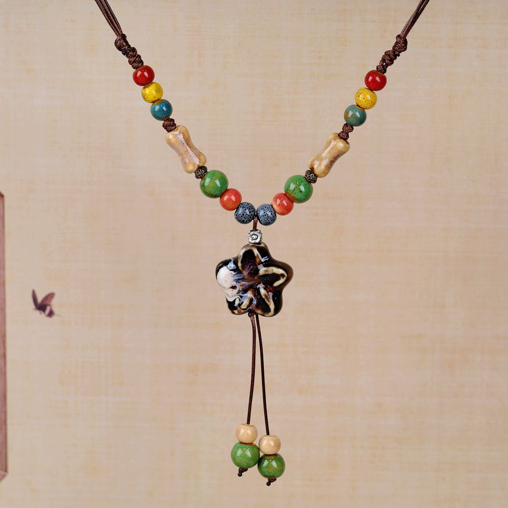 Women's Retro Ethnic Style Ceramic Butterfly Bell Fashionable Necklace