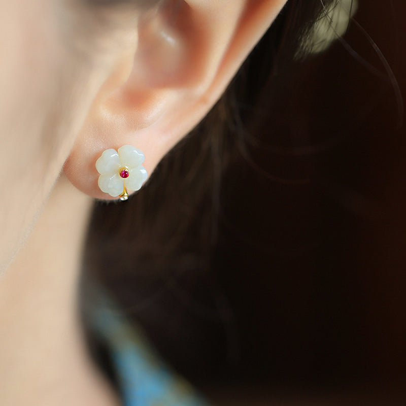 Imitation White Jade Flower Female High Sense Earrings