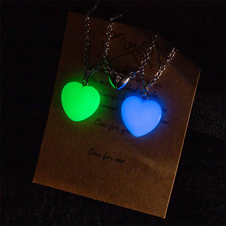 Luminous Hexagon Prism Natural Stone Heart Couple Necklaces