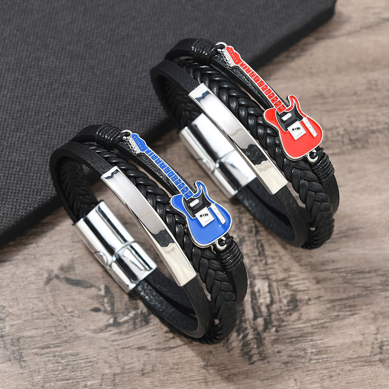 Men's Color Guitar Woven Leather Magnetic Buckle Bracelet
