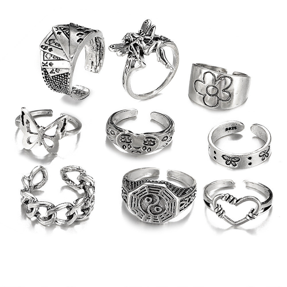 Alloy Chain Vintage Crying Face Poker Hollow Love Ring