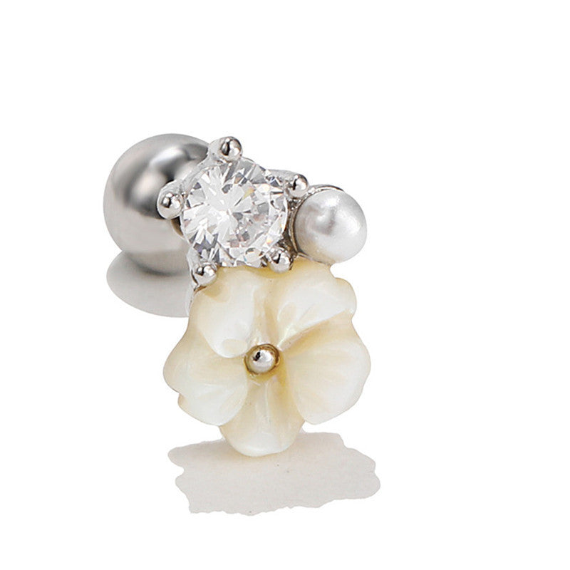 Flower Ear Pink Zircon Sweet Loving Heart Bone Inner Screw Earrings