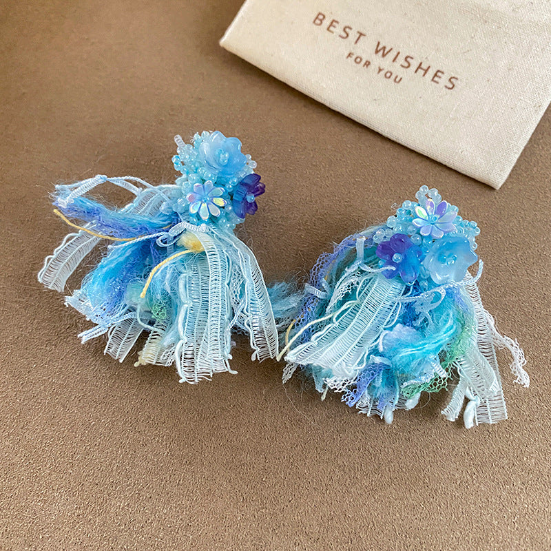 Summer Super Fairy Vacation Style Blue Flower Tassel Fashion Elegant Rings