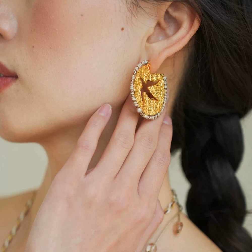 Hollow Flying Bird Round Rope Weaving Chinese Earrings