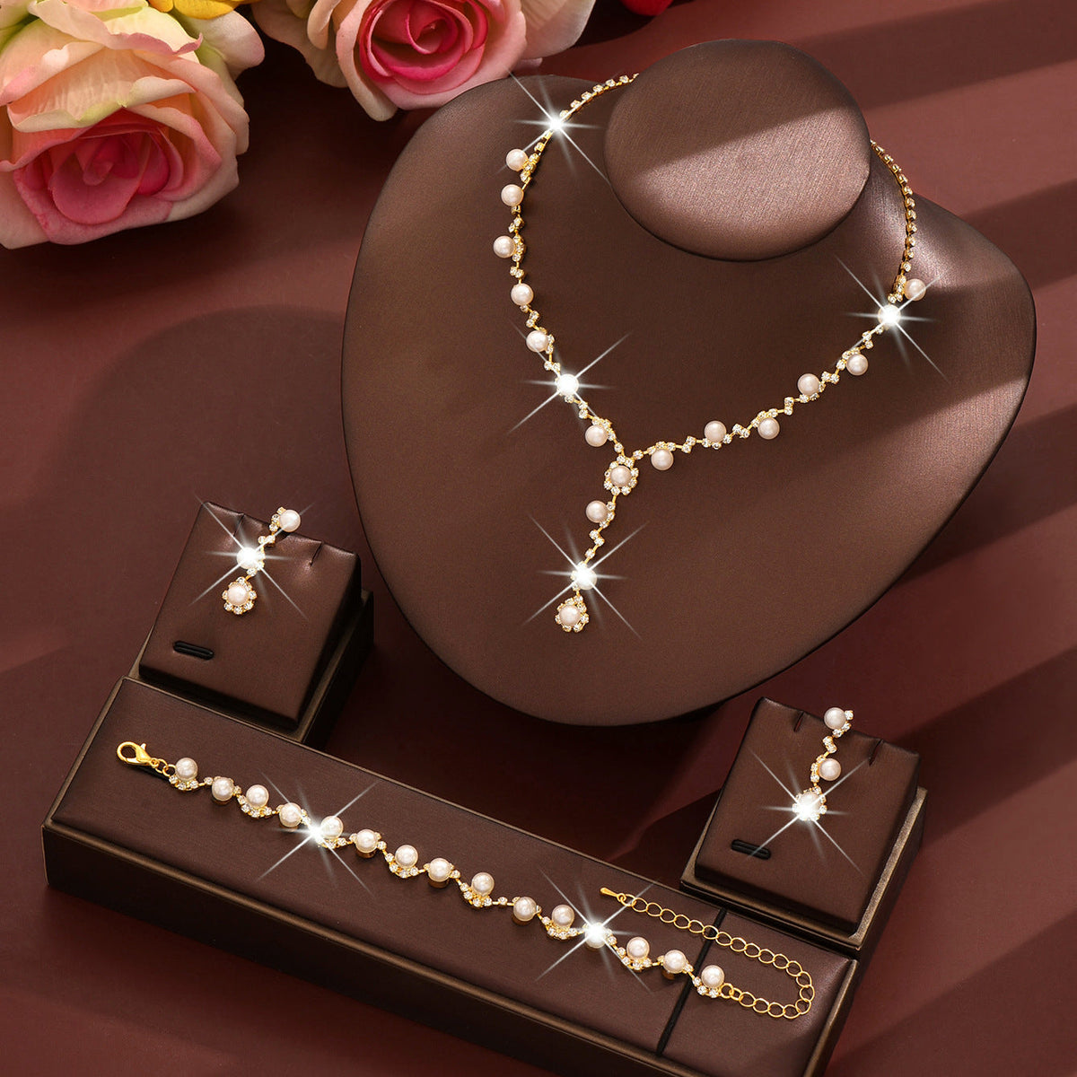 Bridal Popular Sunflower Rhinestone Pearl Three-piece Necklaces