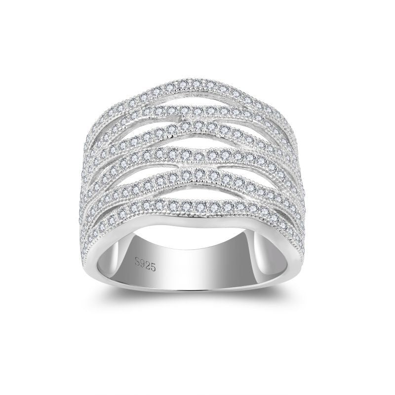 Wave-Embossed Stack Engagement Ring with Premium D-Color VVS1 Moissanite Stones in 18K White Gold-Plated Sterling Silver