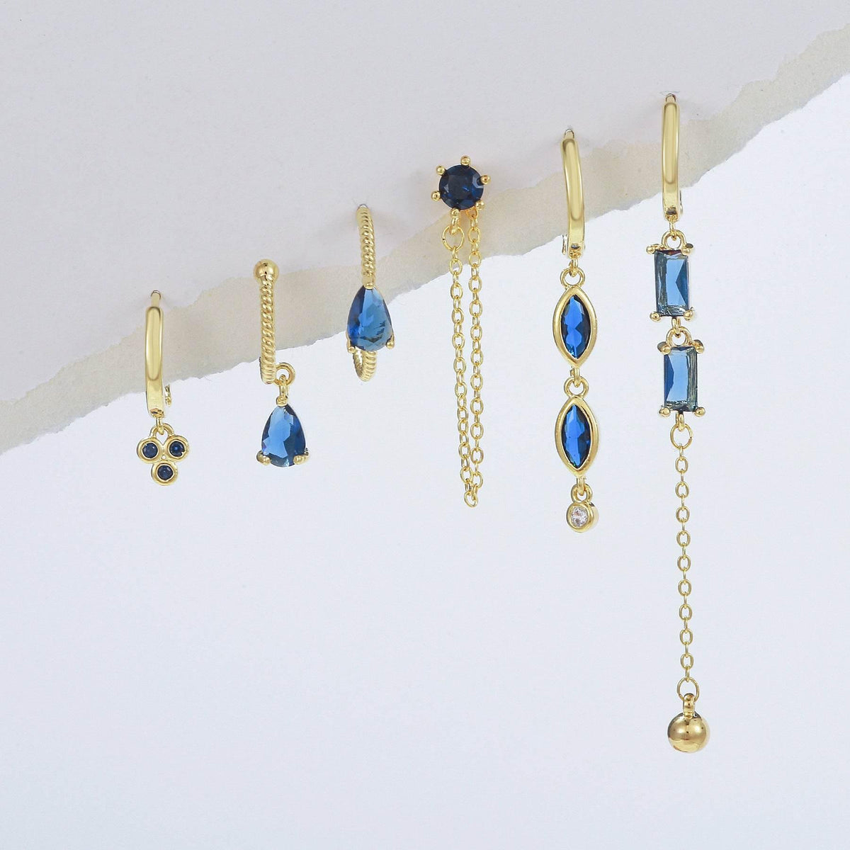Stacking 6 Pieces Long Tassel Vintage Earring Set with Micro-Pavé Dazzling Blue Zircons, 18k Gold Plated Ear Studs & Ear Drops, S925 Needle